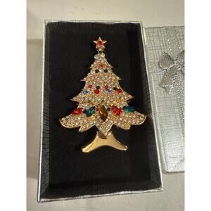 NWT Bright Goldtone Christmas Tree Pin Brooch with Jewels. 2 inches long.